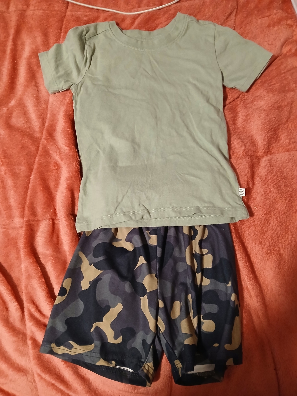 Kids Olive Green Tee & Camo Athletic Shorts Set